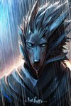 anthro black_body black_fur blue_eyes clothed clothing front_view frown fur light looking_at_viewer male raining solo text wet thewyvernsweaver last_fables canid canine canis mammal wolf 2024 colored digital_media_(artwork) english_text hi_res lighting url