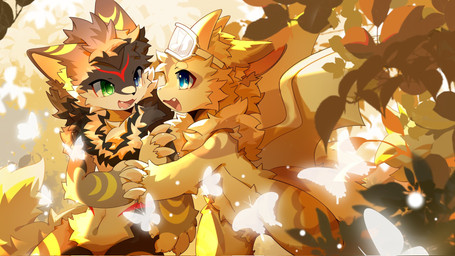 4_fingers anthro biped black_body black_fur blue_eyes blush blush_lines chest_tuft duo eye_contact eyewear eyewear_on_head fangs fingers fluffy fluffy_tail fur goggles goggles_on_head green_eyes grey_body grey_fur hand_holding heterochromia inner_ear_fluff kemono leaf looking_at_another male multicolored_body multicolored_fur open_mouth open_smile paws smile tail teeth tuft white_body white_fur wings hlg7777 arthropod butterfly canid canine canis domestic_cat felid feline felis insect lepidopteran mammal wolf 16:9 2026 cel_shading digital_drawing_(artwork) digital_media_(artwork) hi_res shaded wallpaper warm_colors widescreen