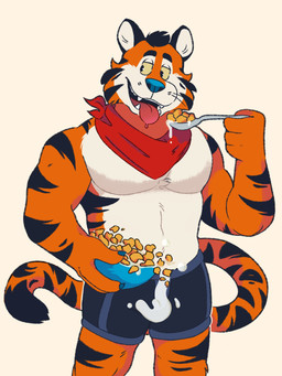 biped blue_nose cereal dairy_products dripping eating fluffy food kerchief male mascot muscular muscular_male neckerchief neckwear pecs red_kerchief red_neckerchief solo spilling suggestive suggestive_look tongue tongue_out yellow_sclera naaidden frosted_flakes kellogg's tony_the_tiger felid mammal pantherine tiger 3:4 absurd_res digital_drawing_(artwork) digital_media_(artwork) hi_res