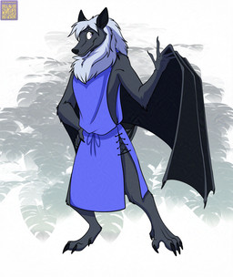 anthro black_body black_fur black_nose clothed clothed_anthro clothed_male clothing fur grey_hair hair male membrane_(anatomy) membranous_wings neck_tuft purple_eyes solo tuft winged_arms wings foxenawolf bat mammal