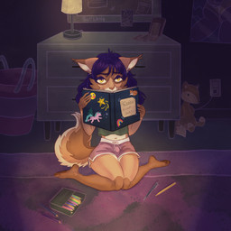anthro bedroom brown_body brown_fur bulge butt coloring_book fur gynomorph hair intersex lamp plushie poster purple_hair shy sketchbook solo sticker yellow_eyes purliwhite purli canid canine canis domestic_cat felid feline felis hybrid mammal wolf 1:1 hi_res