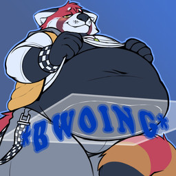 anthro belly belly_on_table belly_overhang blush clothed clothing clothing_lift eye_contact glass_surface looking_at_another looking_at_viewer male overweight overweight_male shirt shirt_lift solo topwear under_table fetishame ailurid mammal red_panda 1:1 absurd_res hi_res