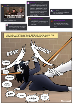 angry anthro black_clothing black_hair border clothed clothing detailed_background dialogue fantasy female fur hair long_hair melee_weapon outside polearm robe spear speech_bubble tail text violence weapon white_body white_border white_fur white_hair thecumrat tasmin felid feline mammal absurd_res comic english_text hi_res story