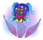 3_fingers black_body black_sclera breasts cleavage clothed clothing cosmic_hair ethereal_hair female fingers fusion half-closed_eyes moon narrowed_eyes navel neck_tuft not_furry plant pokemon_fusion simple_background small_breasts solo star tight_clothing tuft white_background yellow_eyes lavenderaraliya nintendo pokemon cosmog elemental_creature flora_fauna florges generation_6_pokemon generation_7_pokemon humanoid legendary_pokemon pokemon_(species) 2022