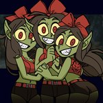 bow_ribbon clothed clothing female green_body green_skin group hair hand_holding long_ears long_hair looking_at_viewer not_furry red_eyes trio bunny75 helltaker cerberus_(helltaker) goblin humanoid 1:1 traced