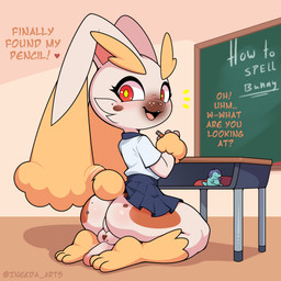 3_toes anthro backsack balls blush blush_lines bottomwear buckteeth butt chalkboard chibi clothed clothing crossdressing desk dialogue feet femboy furniture genitals humanoid_genitalia humanoid_penis looking_at_viewer looking_back male miniskirt nervous nervous_smile open_mouth open_smile penis penis_backwards perineum school school_desk school_uniform sitting skirt smile soles solo surprised table tail tail_motion tailwag teeth text toes uniform upskirt wardrobe_malfunction conditional_dnp ineedanaccount nintendo pokemon zjura generation_4_pokemon lagomorph lopunny mammal pokemon_(species) 2025 absurd_res hi_res