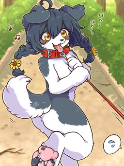 4_fingers 4_toes accessory ahoge anthro black_hair black_nose blush bodily_fluids braided_hair breasts butt claws collar collar_only cute_fangs fangs feet female female_anthro fingers floppy_ears flower flower_in_hair fur grey_body grey_fur hair hair_accessory happy kemono leash leash_pull looking_at_another looking_back multicolored_body multicolored_fur multicolored_pawpads multicolored_tail musical_note musical_symbol nude offscreen_character open_mouth open_smile outdoor_nudity outside pawpads paws pigtails pink_pawpads plant public public_nudity shrub smile soles solo speech_bubble sweat sweatdrop symbol tail teeth text toe_claws toes tongue tongue_out two_tone_body two_tone_fur two_tone_tail walkies white_body white_fur yellow_eyes koto0v0haru cotorita border_collie canid canine canis collie domestic_dog herding_dog mammal pastoral_dog sheepdog 2022 3:4 digital_media_(artwork) hi_res japanese_text pictographics signature translated