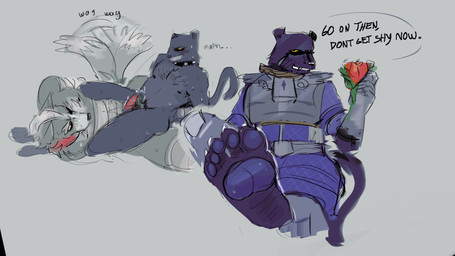 5_toes anthro armor balls black_snout blush blush_lines bodily_fluids butt clothed clothing command commanding_viewer dialogue duo erection feet fingers foot_focus fur genitals grey_body grey_fur holding_object looking_at_viewer male male/male nipples nude onomatopoeia pawpads penile penis penis_touching purple_body purple_fur red_eyes sex simple_background sitting sitting_on_another smile sound_effects speech_bubble sweat sweaty_body tail tail_motion tailwag talking_to_viewer teeth text toes topwear vowelless mimitdas nintendo star_fox panther_caroso wolf_o'donnell canid canine canis felid mammal pantherine wolf 16:9 2026 absurd_res digital_drawing_(artwork) digital_media_(artwork) english_text hi_res widescreen
