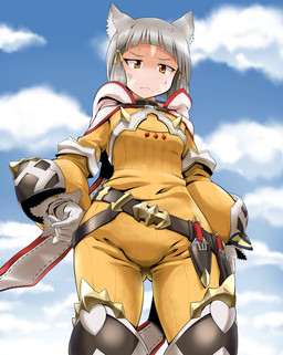 annoyed bodily_fluids breasts clothing cloud dagger facial_markings female gloves grey_hair hair hand_on_hip handwear head_markings looking_at_viewer low-angle_view markings melee_weapon outside solo sweat sweatdrop weapon yellow_eyes takura_mahiro xenoblade_(series) xenoblade_chronicles xenoblade_chronicles_2 nia_(xenoblade) animal_humanoid blade_(xenoblade) cat_humanoid felid felid_humanoid feline feline_humanoid gormotti humanoid mammal mammal_humanoid 2018 hi_res