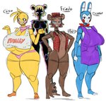 anthro apron beakless big_breasts black_eyes black_sclera blue_body blue_eyes bow_tie breasts brown_body clothing crossgender female group hat headgear headwear huge_breasts jacket kerchief looking_at_viewer machine mtf_crossgender navel neckerchief neckwear non-mammal_breasts shirt smile text thick_thighs top_hat topwear under_boob white_eyes yellow_body little_hareboy feddy five_nights_at_freddy's five_nights_at_freddy's_2 scottgames golden_freddy_(fnaf) toy_bonnie_(fnaf) toy_chica_(fnaf) toy_freddy_(fnaf) animatronic avian bear bird chicken galliform gallus_(genus) lagomorph leporid mammal phasianid rabbit robot 2024 digital_media_(artwork) english_text hi_res