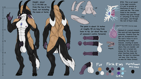 animal_genitalia anthro balls claws equine_genitalia erection genitals hooves horn looking_at_viewer male medial_ring muscular nude penis smile solo standing text karnator kaji_(karnator) chimera english_text hi_res model_sheet
