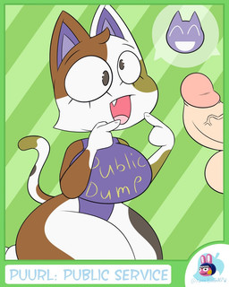 anthro balls big_breasts breasts brown_body brown_fur clothing derp_eyes disembodied_penis eyelashes female fur genitals green_background grey_body grey_eyes grey_fur head_tuft huge_breasts humanoid_genitalia humanoid_penis kneeling leotard male open_mouth pattern_background penis pointing_at_mouth purple_clothing purple_leotard simple_background snaggle_tooth solo striped_background text thick_thighs tuft white_body white_fur wide_hips yummercummer animal_crossing nintendo purrl_(animal_crossing) domestic_cat felid feline felis mammal 4:5