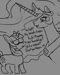 1_horn bangs blunt_bangs bulging_eyes collar crown cutie_mark dialogue duo eyelashes female feral frown grey_background hair headgear heart_after_text horn humor looking_at_another open_mouth open_smile quadruped shitpost shocked simple_background size_difference slang smile stare tail talking_to_another text tiara wide_eyed wings hoka friendship_is_magic hasbro my_little_pony mythology princess_celestia_(mlp) twilight_sparkle_(mlp) equid equine mammal mythological_creature mythological_equine unicorn winged_unicorn 2026 digital_drawing_(artwork) digital_media_(artwork) english_text meme monochrome sketch