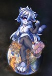 anthro arm_tuft arm_warmers armwear blue_body blue_fur blue_hair breasts claws clothing destruction detailed_background earth elbow_tuft extreme_macro eyelashes featureless_breasts feet female fluffy fluffy_breasts foot_focus footwear fur hair looking_at_viewer macro mostly_nude nude outside pawpads paws planet shoulder_tuft smile socks solo space stirrup_socks striped_hair tail terra_macro toes tuft white_body white_fur white_hair ravistdash macro_march domestic_cat felid feline felis mammal 2025 digital_drawing_(artwork) digital_media_(artwork) hi_res portrait shaded