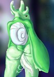 anthro big_butt black_eyes blurred_background butt gastropod_shell genitals glistening glistening_butt green_body horn looking_at_viewer looking_back looking_back_at_viewer male mollusk_shell penis rear_view shell short_tail slime slimy_penis solo sylvie(astroneer) tail tapering_penis white_penis white_shell delaysinpains astroneer galastropods hi_res