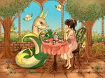 ambiguous_gender beverage biped chair clothed clothing feral flower furniture group hair legless plant smile table tea tree koike_09 nintendo pokemon cottonee deerling generation_5_pokemon human mammal pansage pokemon_(species) serperior spring_deerling 2012