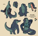 anthro clothing jacket jagged_mouth male open_mouth pronouns solo tail text topwear teebsly crocodile crocodilian reptile scalie english_text model_sheet