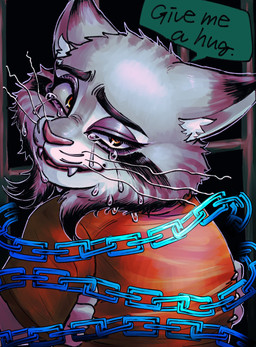 anthro bodily_fluids bruised bruised_eye chain clothed clothing fur grey_body grey_fur looking_at_viewer male orange_clothing orange_jumpsuit orange_shirt orange_topwear prison_cell prison_uniform prisoner shirt solo talking_to_viewer tears text topwear yellow_eyes shimo_mi_0503 disney zootopia pawbert_lynxley felid feline lynx mammal 2025 digital_media_(artwork) english_text hi_res
