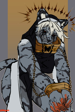 anthro bdsm black_clothing black_sclera black_stripes blood blood_on_face blood_on_hand bodily_fluids bondage bound breasts chain chained claws clothed clothing collar cuff_(restraint) fangs female female_anthro fingers fur gold_(metal) grey_body grey_fur hair halo hands_tied looking_at_viewer makeup markings mascara metal_cuffs monotone_hair nun red_eyes religious_clothing restraints shackles simple_background solo striped_body striped_fur stripes submissive tail tears teeth text white_clothing white_hair milajanh felid mammal pantherine tiger 2:3 absurd_res digital_media_(artwork) hi_res portrait
