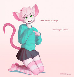 5_fingers anthro biped black_nose blush blush_lines bottomwear brown_text clothed clothed_anthro clothed_male clothing crossdressing crossdressing_male dialogue femboy fingers footwear front_view fully_clothed fully_clothed_anthro fully_clothed_male fur green_eyes grey_bottomwear grey_clothing grey_skirt hair humanoid_hands index_to_index kneeling legwear long_tail male male_anthro multicolored_clothing multicolored_footwear multicolored_legwear multicolored_socks multicolored_thigh_highs open_mouth open_smile pattern_clothing pattern_footwear pattern_legwear pattern_socks pattern_thigh_highs pink_clothing pink_footwear pink_inner_ear pink_legwear pink_socks pink_stripes pink_tail pink_thigh_highs pink_tongue plantigrade pupils question_mark red_blush rodent_tail short_hair simple_background skirt slim slim_anthro slim_male smile socks solo stated_homosexuality stated_sexuality striped_clothing striped_footwear striped_legwear striped_socks striped_thigh_highs stripes sweater tail teal_clothing teal_sweater teal_topwear teeth text thigh_highs thigh_socks tongue topwear two_tone_clothing two_tone_footwear two_tone_legwear two_tone_socks two_tone_thigh_highs white_background white_body white_clothing white_footwear white_fur white_hair white_legwear white_sclera white_socks white_stripes white_thigh_highs twang reggie_(whygena) mammal murid murine rat rodent english_text full-length_portrait hi_res portrait