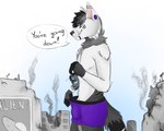 anthro bottomwear bulge clothed clothing duo extreme_size_difference feral fur holding_object male male/male micro pants simple_background size_difference smile standing teeth text white_body white_fur samuelwolfo samuelthewolf canid canine canis mammal maned_wolf wolf 5:4 digital_media_(artwork) hi_res