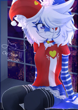 accessory ahoge anthro armwear bell bell_collar black_clothing black_legwear black_thigh_highs blue_body blue_bottomwear blue_clothing blue_eyes blue_fur blue_skirt bottomwear christmas_clothing christmas_headwear city city_background clothed clothing collar crossdressing eye_patch eyewear femboy fluffy fluffy_ears fluffy_tail frilly fur hair hair_accessory hairclip hat headgear headwear heart_symbol holidays kemono legwear male santa_hat simple_background sitting skirt solo tail text thigh_highs white_body white_fur white_hair window snowhilox christmas snowtwo canid canine fox mammal absurd_res hi_res
