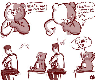 anthro bodily_fluids chibi crying dialogue duo humor male male/male plushie slightly_chubby split_color tears text trashtoonz danganronpa danganronpa:_trigger_happy_havoc spike_chunsoft jin_kirigiri monokuma bear human mammal english_text hi_res