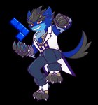 anthro blue_body blue_fur eyewear eyewear_on_head fur glasses glasses_on_head male red_eyes solo tetromino leslietheluna kemoteto_yakuza_project tetris kazuhisa hyena mammal spotted_hyena 2021 absurd_res alpha_channel hi_res