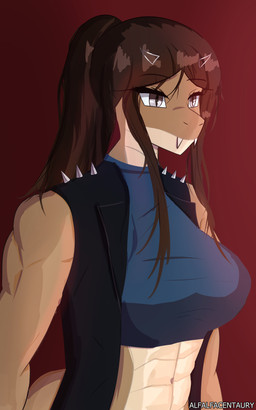 abs accessory anthro big_breasts blue_clothing blue_shirt blue_t-shirt blue_topwear breasts brown_body brown_hair clothing fangs female grey_eyes hair hair_accessory hairpin metal_studs multicolored_body muscular muscular_female navel non-mammal_breasts non-mammal_navel ponytail scales shirt simple_background sleeveless_coat solo t-shirt tail teeth topwear two_tone_body ventral_scales alfalfacentaury pit_viper rattlesnake reptile scalie snake viper 5:8 hi_res