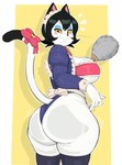 anthro big_breasts big_butt black_hair breasts butt clothed clothing female fur hair huge_butt legwear rear_view simple_background solo stockings tail white_body white_fur usnarbit domestic_cat felid feline felis mammal 2024 absurd_res hi_res