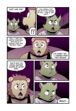 anthro apology brown_hair cabinet clothing dialogue duo exclamation_point frustrated fur green_body green_fur hair inside male name_in_dialogue profanity round_ears serious shirt six_frame_image speech_bubble surprised text topwear yellow_body t0l0k scott_(t0l0k) ted_(t0l0k) domestic_cat felid feline felis lion mammal pantherine comic english_text hi_res multiple_scenes