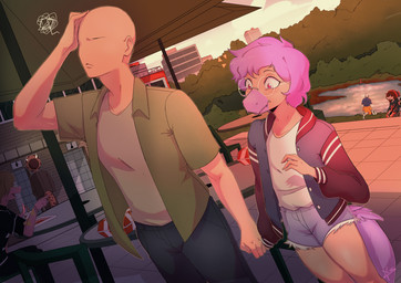 annoyed anthro bald biped bottomwear clothed clothed_anthro clothed_human clothed_male clothing day denim denim_bottomwear denim_clothing denim_shorts detailed_background duo_focus eyewear feathered_tail feathers femboy fingers glasses green_clothing green_jacket green_shirt green_topwear grey_bottomwear grey_clothing grey_pants group hair hand_holding hand_on_head human_on_anthro humanoid_hands interspecies jacket lake male male/male open_clothing open_jacket open_topwear outside pants pink_hair plant purple_body purple_eyes purple_feathers purple_hair romantic romantic_couple round_glasses shirt short_hair shorts shrub standing surprised tail tan_body topwear tree water cdepraxis cavemanon_studios goodbye_volcano_high ko_op_(game_developer) snoot_game anon_(snoot_game) sage_(gvh) dinosaur dromaeosaurid human mammal microraptor prehistoric_species reptile saurischian scalie theropod 2026 absurd_res colored hi_res shaded signature trans_(lore) trans_man_(lore)