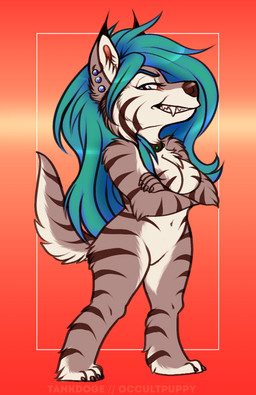 anthro blue_hair breasts chibi collar crossed_arms ear_piercing ear_ring eyelashes fangs female fur grey_body grey_fur grin hair head_turned long_hair looking_at_viewer multicolored_body multicolored_fur nude piercing ring_piercing sharp_teeth smile solo standing striped_body stripes tail teeth text two_tone_body two_tone_fur white_body white_fur tankdoge guyver47_(character) canid canine canis felid hybrid mammal pantherine tiger wolf artist_name digital_media_(artwork) full-length_portrait portrait