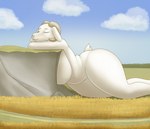 anthro areola big_breasts breasts female horn landscape_dwarfing macro sleeping solo text thick_thighs wide_hips r-rova bovid caprine mammal sheep english_text hi_res