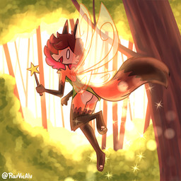 anthro arm_tuft breasts brown_hair butt cheek_tuft clothed clothing detailed_background dipstick_tail dress facial_tuft fangs female floating forest fur gloves_(marking) green_clothing green_dress hair insect_wings leg_markings magic_wand markings no_underwear orange_body orange_fur pawpads plant shoulder_tuft smile socks_(marking) solo sparkles star_polygon tail tail_markings teeth tree tuft white_eyes wings rafvicalv canid canine fox mammal pixie 1:1