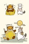 black_eyes black_nose brown_body chibi dancing dot_eyes duo feral kemono moon open_mouth simple_eyes smile text white_body shi_nominmin ailurid mammal mustelid musteline red_panda stoat true_musteline weasel 2024 hi_res