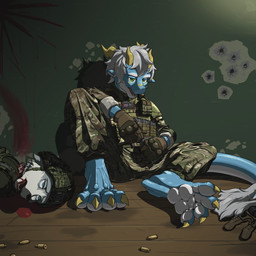 anthro armor blood blood_from_mouth blood_in_mouth bodily_fluids bullet bulletproof_vest claws clothing corpse death duo feet foot_focus gloves gore handwear headgear helmet horn male military_uniform toe_claws uniform wound_on_neck carl_drake mythology carl_drake_(character) canid canine canis dragon mammal mythological_creature mythological_scalie scalie wolf 1:1 hi_res
