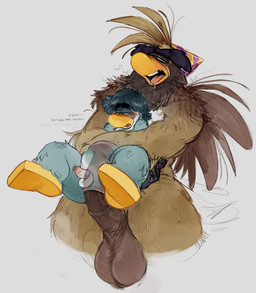 abdominal_bulge anal animal_genitalia animal_penis anthro back_feathers balls beak beard blue_body blue_fur blush bodily_fluids breath brown_body brown_fur clothing dialogue drooling duo equine_genitalia equine_penis eyebrows facial_hair foreskin fur genitals hat headgear headwear holding_up humanoid_genitalia humanoid_penis looking_down looking_pleasured male male/male motion_lines open_mouth party_hat penis penis_size_difference saliva size_difference spread_legs spreading standing stuttering sweat teeth text thick_eyebrows tongue tongue_out tooth_gap duckbrained club_penguin sam_the_sasquatch avian bird penguin sasquatch english_text half-length_portrait hi_res portrait