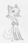 anthro chest_tuft leg_markings male markings nude paws scratching_head shy simple_background socks_(marking) solo tuft whiskers white_background swiftcutter canid canine fox mammal black_and_white hi_res monochrome traditional_media_(artwork)