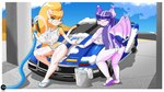 anthro big_breasts blush body_blush breast_blush breasts camel_toe car duo ear_piercing eye_through_hair eyes_closed female female/female hair heart_symbol leg_blush machine one_eye_closed piercing translucent translucent_hair vehicle cranebear jessica_young_melis tricia_ren_sounhoff bat domestic_cat felid feline felis mammal robot hi_res