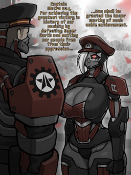 armor army award award_ceremony big_breasts bodily_fluids breasts cleavage_cutout clothing crowd cutout cybernetics dialogue duo female group hair hair_over_eye hat headgear headwear holding_back_tears insignia long_hair machine male military military_cap military_uniform not_furry red_clothing soldier standing tears text uniform warrior white_hair zzzhadozzz helldivers fan_character metra_(zzzhadozzz) radical_(helldivers) trooper_(helldivers) android automaton cyborg human humanoid mammal robot robot_humanoid 2026 3:4 comic english_text hi_res