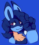 accessory big_forearms breasts cleavage clothed clothing female fluffy_chest forearms hair hair_accessory hair_tie handpaw long_hair paws snaggle_tooth topwear rouwrf nintendo pokemon koze_(rouwrf) generation_4_pokemon lucario pokemon_(species) bust_portrait portrait male_(lore)