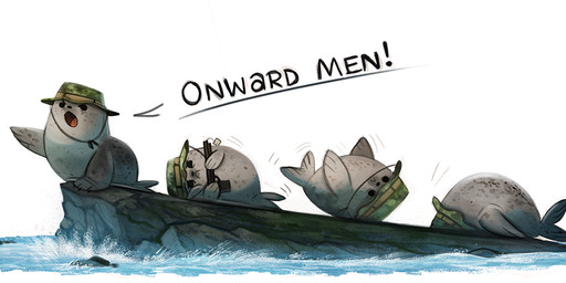 ambiguous_gender beady_eyes black_eyes clothing dialogue fur grey_body grey_fur group gun hat headgear headwear humor military open_mouth pop_gun pun ranged_weapon rifle rock sea simple_background text toy toy_gun visual_pun water weapon white_background yelling piper_thibodeau aquatic mammal pinniped seal digital_media_(artwork) digital_painting_(artwork) english_text painting_(artwork)