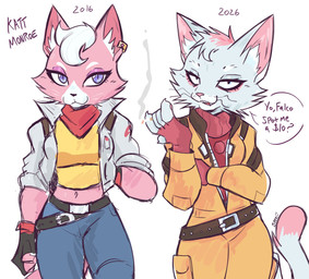 alternate_form anthro belt cigarette clothing crop_top duo female fingerless_gloves fur gloves handwear jumpsuit kerchief navel neckerchief neckwear pink_body pink_fur shirt smile smoking square_crossover sweater topwear turtleneck white_body white_fur year beezii nintendo star_fox star_fox_(2026) katt_monroe domestic_cat felid feline felis mammal 2026 hi_res