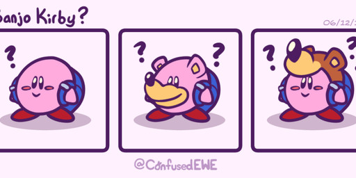 ambiguous_gender backpack blush clothing hat headgear headwear pink_background pink_body question_mark simple_background smile standing text confusedewe banjo-kazooie kirby_(series) nintendo rareware super_smash_bros. super_smash_bros._ultimate banjo_(banjo-kazooie) kirby alien bear mammal waddling_head 2019 comic crossover english_text