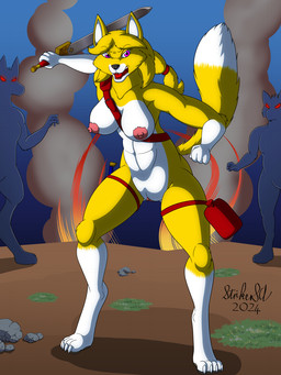 4_fingers 4_toes ambiguous_gender anthro areola athletic athletic_anthro athletic_female black_nose blonde_hair blue_eyes digitigrade fangs feet female fingers fur genitals group hair hindpaw melee_weapon multicolored_body multicolored_fur navel nipples nude nude_anthro nude_female paws pink_areola pink_nipples ponytail solo_focus standing sword tail teeth toes tongue two_tone_body two_tone_fur vulva warrior weapon white_body white_fur yellow_body yellow_fur strikersa fiona_white canid canine fox mammal 2024 hi_res signature