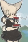 anthro bangs bite black_clothing black_dress black_nose blue_skies blush clothing cutlery day dress eating eating_food empty_eyes eyelashes female female_anthro food fork fur hair heterochromia hot_dog kemono kitchen_utensils lake looking_at_food looking_at_object looking_down mountain pigtails plate pointy_ears prick_ears red_eyes short_tail solo standing tail tan_body tan_ears tan_fur tan_hair tan_tail text tools yellow_eyes young young_female hasukii herba_(hasukii) canid canine mammal english_text hi_res