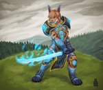 4_toes 5_fingers angry anthro armor brown_body brown_fur clothed clothing ears_up feet fingers fur grass holding_object holding_weapon magic male melee_weapon one_eye_closed paws plant red_eyes solo standing sword teeth toes tree weapon young byowt felid feline lynx mammal digital_media_(artwork) digital_painting_(artwork) painting_(artwork) shaded