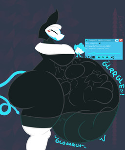 anthro belly big_belly big_breasts big_butt breasts bulge butt clasped_hands clothing detailed_bulge digestion_implied digestion_noises eyes_closed fatal huge_belly huge_butt machine multiple_prey side_view smile standing vore iconictm deltarune undertale_(series) tasque_manager tasque_manager_(nun) darkner felid feline mammal robot 5:6 hi_res