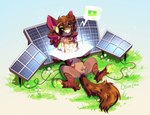 ambiguous_gender anthro biped brown_body brown_fur charging fur green_eyes green_mouth happy machine on_grass slim_anthro slim_male solar_panel solo olive_cow protogen 2024 hi_res